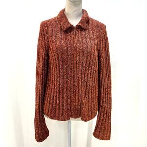 White + Warren Ribbed Knit Long Sleeve Zip Front Cardigan Marled Orange